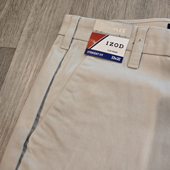 IZOD Flat Front Straight Fit Performance Plus Stretch Pants 33x32 Warm Pearl NWT - Picture 2 of 6